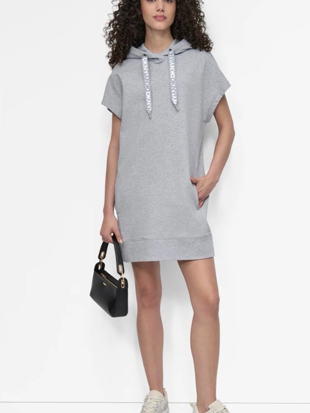 DKNY Light Gray Hooded Mini Sweatshirt Dress